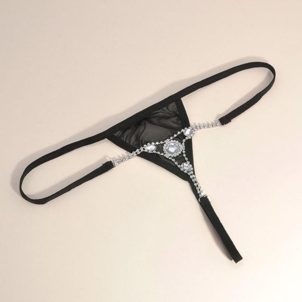 Black  Rhinestone Satin Bejewelled G-String. Micro Bikini bottom.